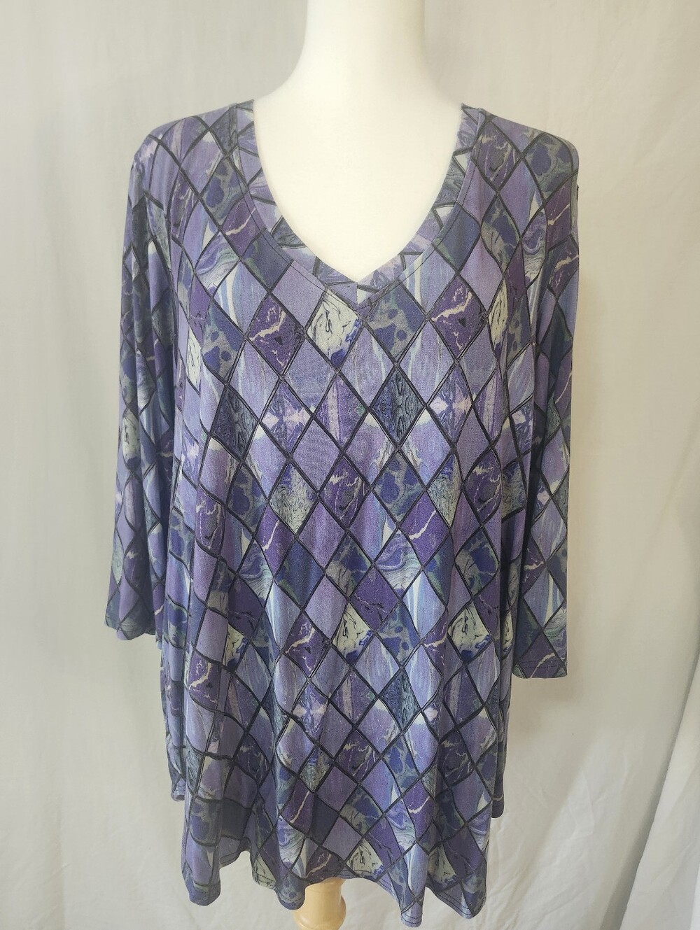 Blue Sky Bamboo Blend Purple Geometric V-Neck Top